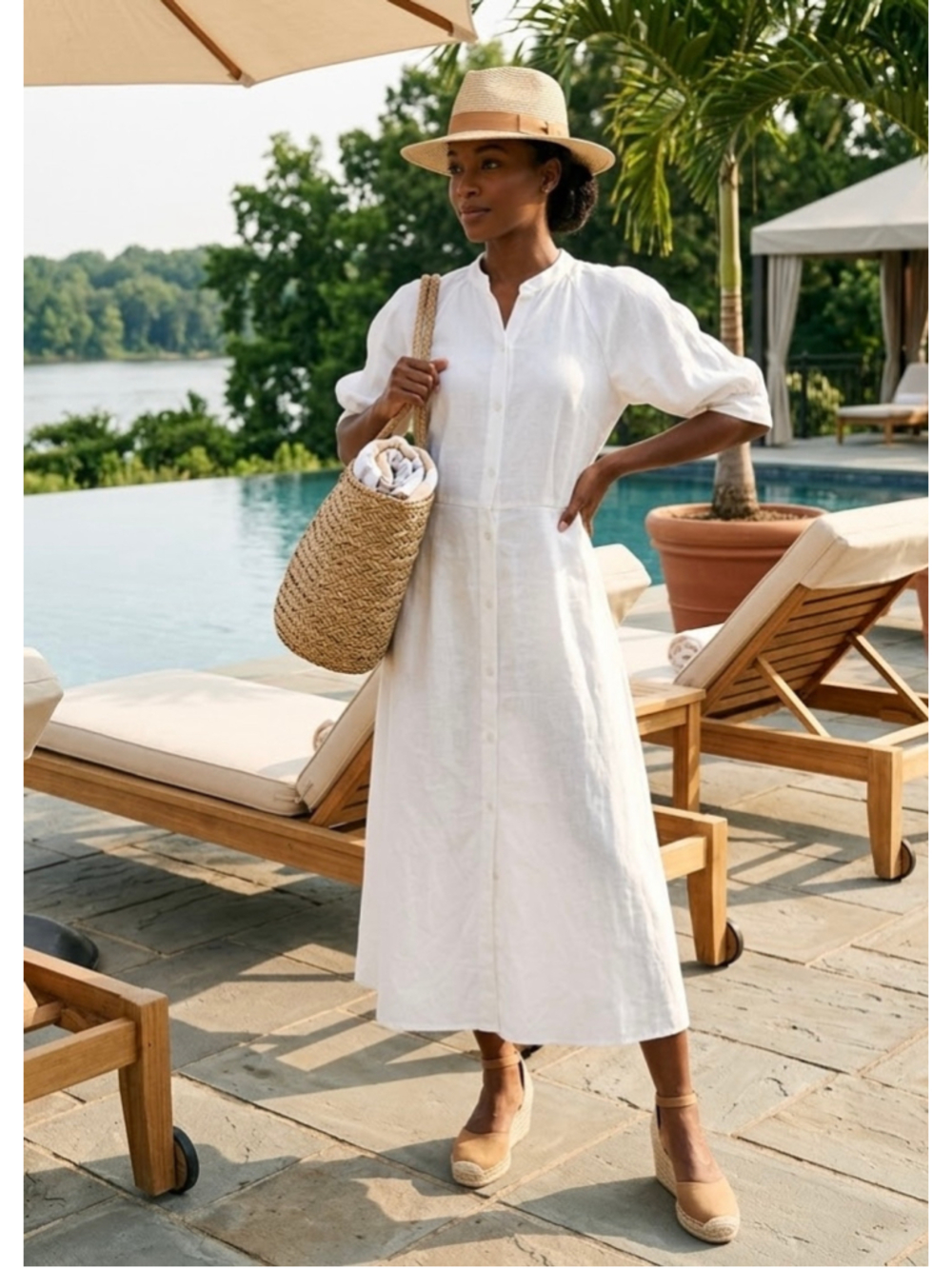 NEW Saks Fifth Avenue White Linen Cotton Blend Midi Dress S No Belt Deffect